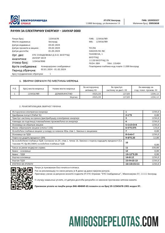 Em branco modelo de conta de serviços públicos de eletricidade da Sérvia Elektroprivreda Srbije em formatos Word e PDF